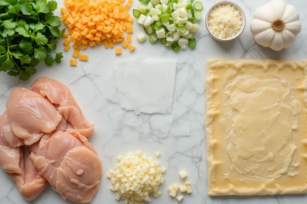 A vibrant flat lay of ingredients for a chicken and cheese jalouise recipe, showcasing fresh chicken, assorted cheeses, onions, leeks, garlic, and puff pastry arranged artfully on a white marble countertop