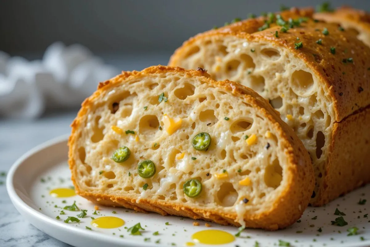 A close-up image of a slice of vegan jalapeno cheddar artisan bread, showcasing its golden, crispy crust, airy interior filled with jalapeno pieces and melted vegan cheddar—perfect for a vegan jalapeno cheddar artisan bread recipe.