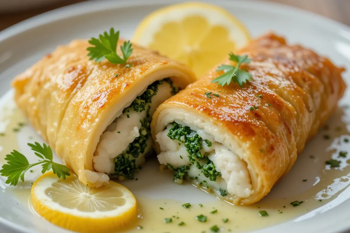 A golden, crispy filo pastry wrap cut open to reveal tender halibut and vibrant spinach inside, served with a drizzle of lemon sauce. A perfect Halibut and Spinach Wrapped in Filo Recipe for a gourmet meal.