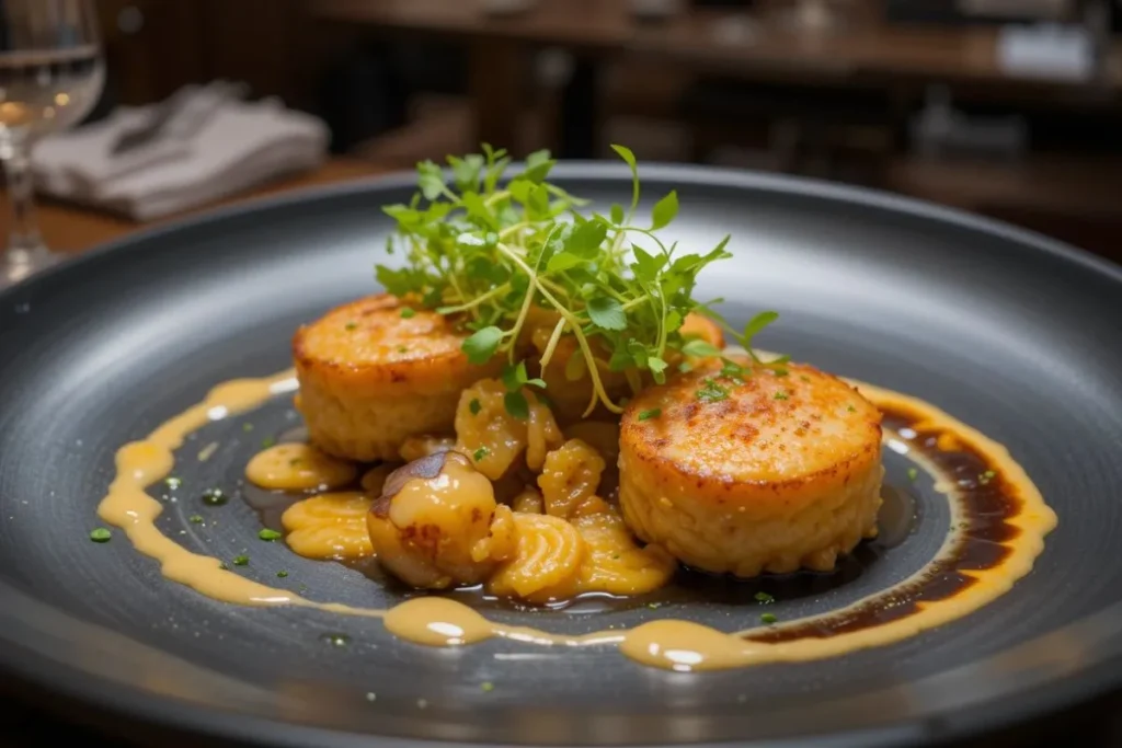  A fine-dining arrangement of fishcakes and scallops on a sleek black plate, garnished with microgreens and a delicate sauce drizzle under soft spotlighting.