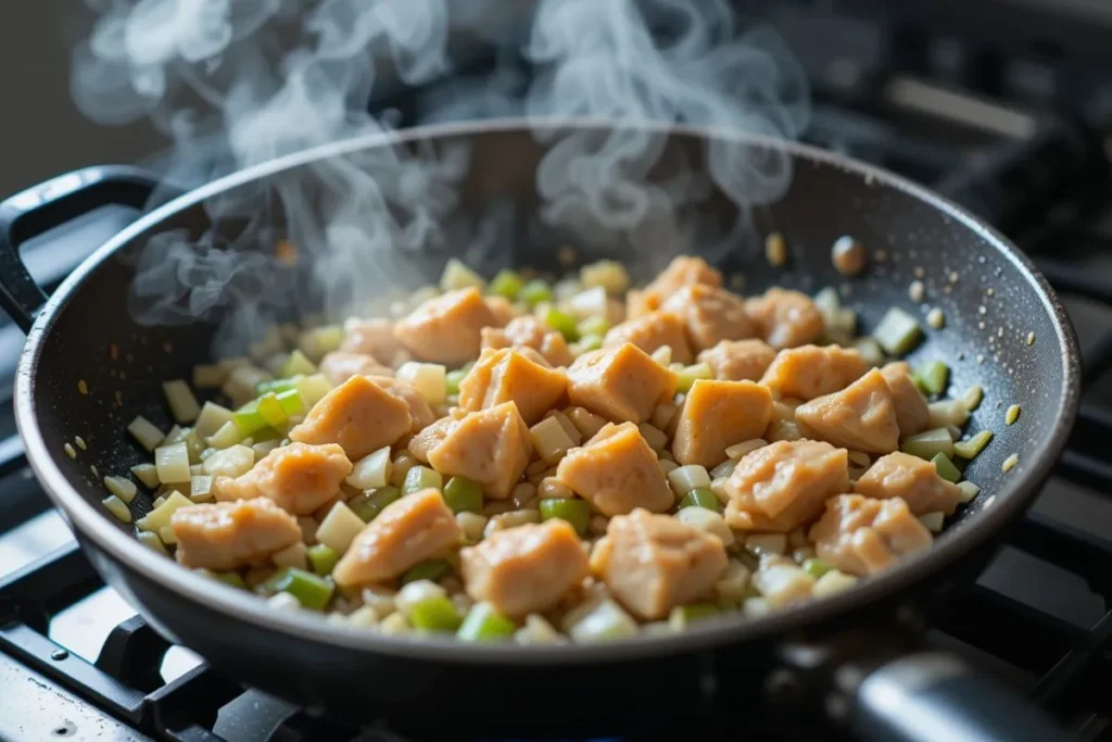 A sizzling skillet in the process of preparing a chicken and cheese jalouise recipe, with onions, leeks, garlic, and chicken being sautéed to create a flavorful filling, highlighted by rising steam and vibrant colors