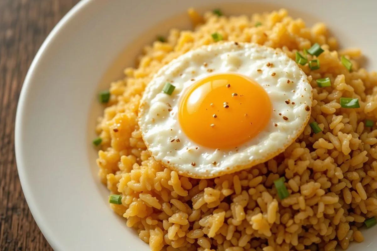 “Plate of authentic Anjappar Egg Fried Rice recipe topped with a sunny-side-up egg, garnished with fresh spring onions and curry leaves.”