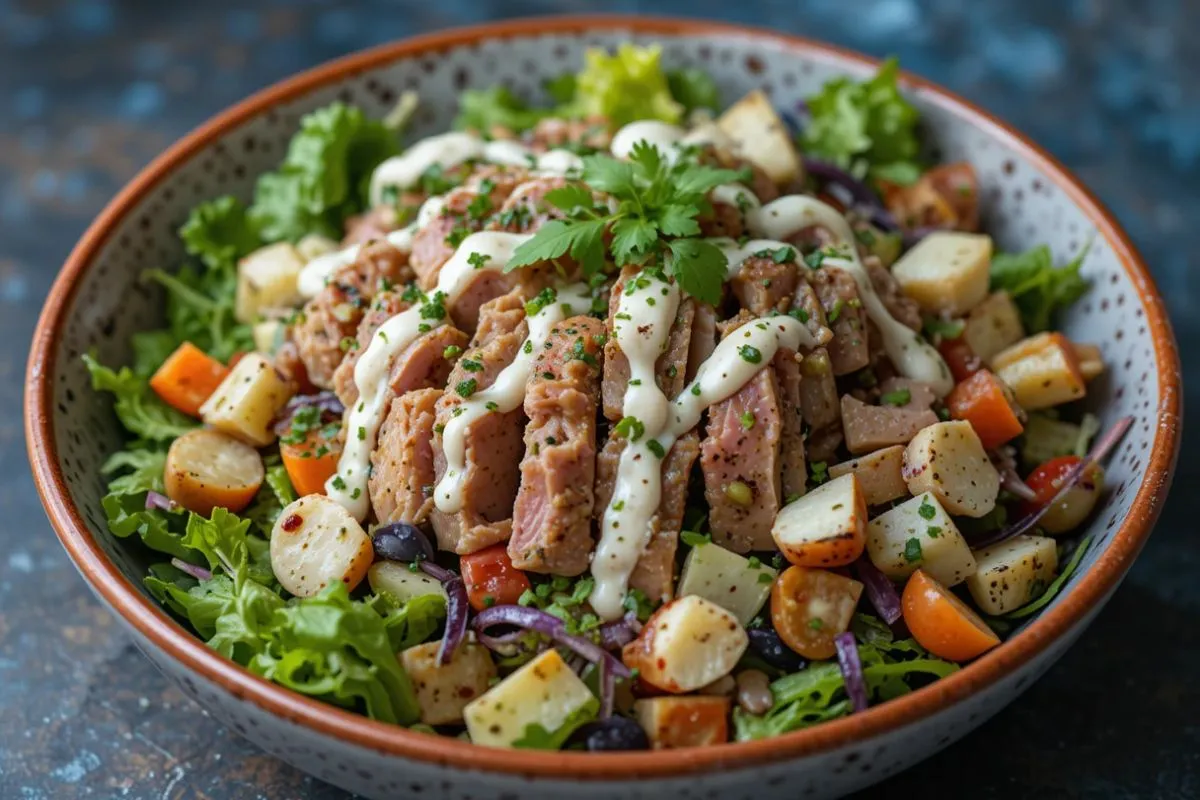 "A colorful smoked tuna salad served in a bowl with fresh greens, diced vegetables, and a creamy dressing, perfect for a healthy meal