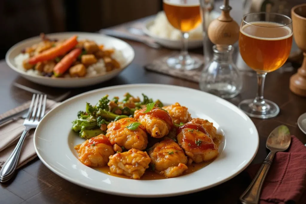 "Elegant plating of apple and honey-glazed chicken tenders using fresh apples served with roasted vegetables and rice, accented by a glass of apple cider on a sophisticated dining table."