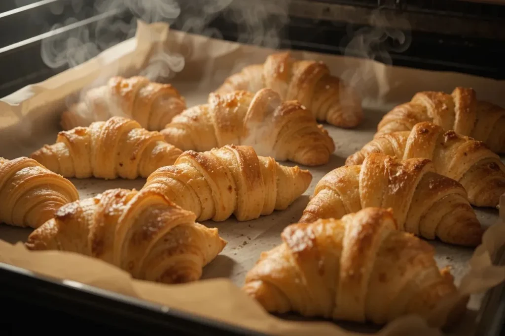 A baking tray filled with perfectly golden Swiss Gipfeli fresh from the oven, showcasing the results of a traditional Gipfeli recipe.