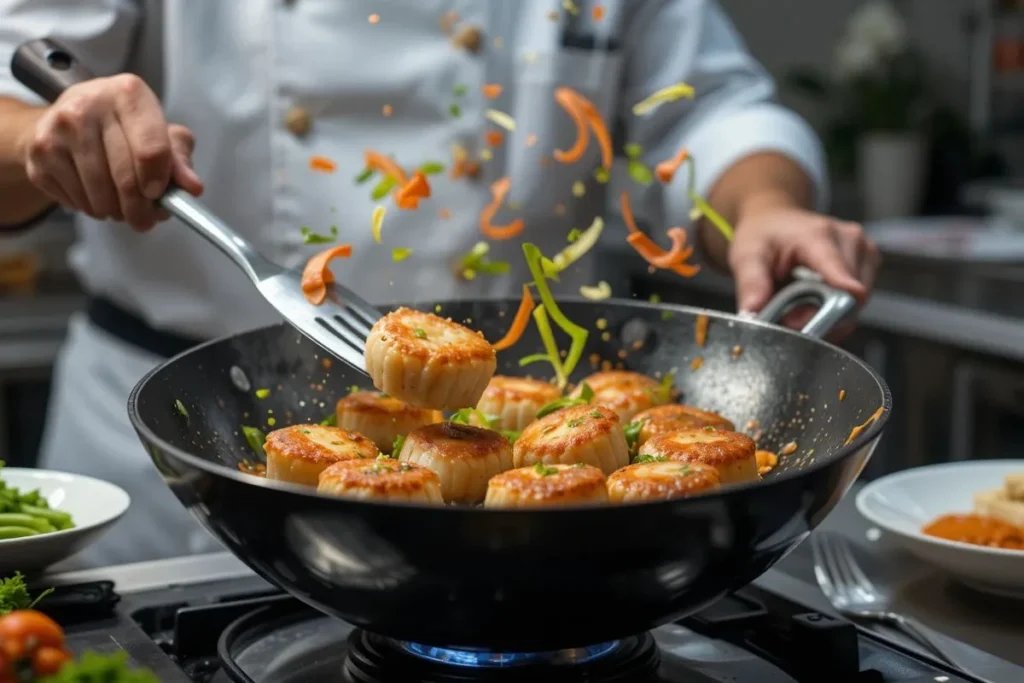 A chef vigorously stir-frying fishcakes and scallops in a black wok, with vegetables mid-air and a blurred spatula showing motion.  fishcakes and scallops stir fry recipe
