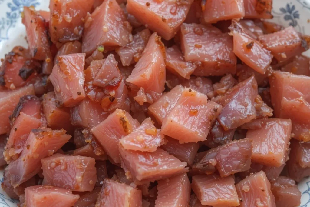 Close-up of flaked smoked tuna fillet showing rich texture and smoky flavor, ideal for making tuna salad recipes."