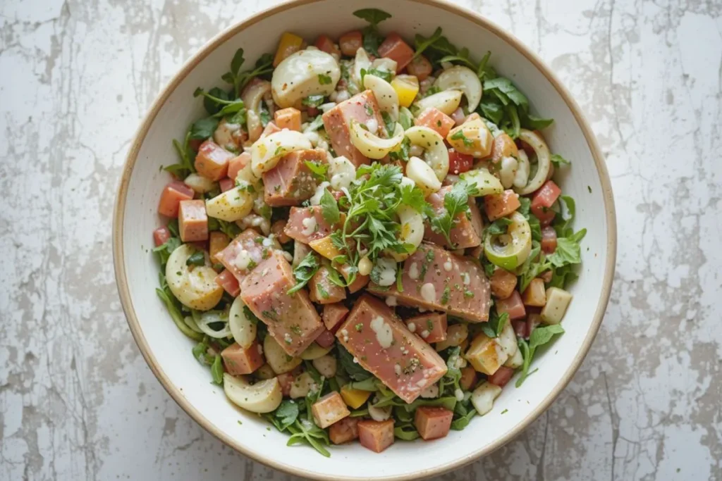 "A colorful smoked tuna salad served in a bowl with fresh greens, diced vegetables, and a creamy dressing, perfect for a healthy meal