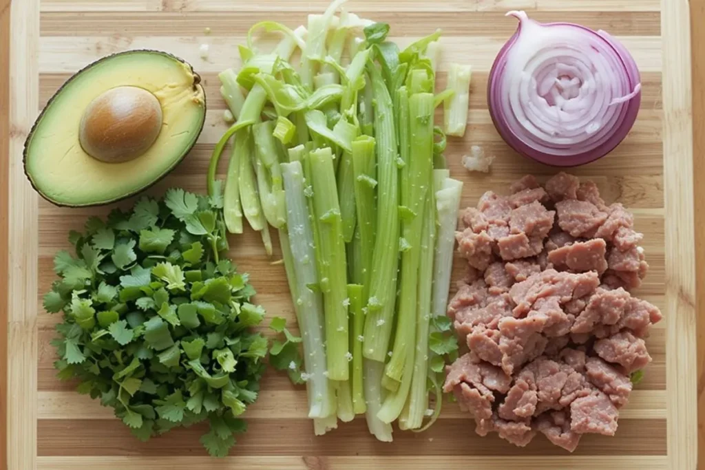 Fresh ingredients for smoked tuna salad, including avocado, celery, red onion, and flaked tuna on a wooden cutting board