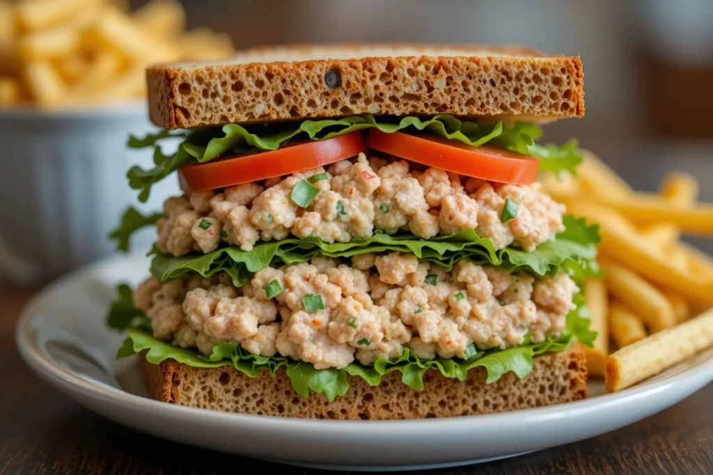 Fresh smoked tuna salad sandwich layered with greens and tomatoes on whole grain bread, served as a hearty meal