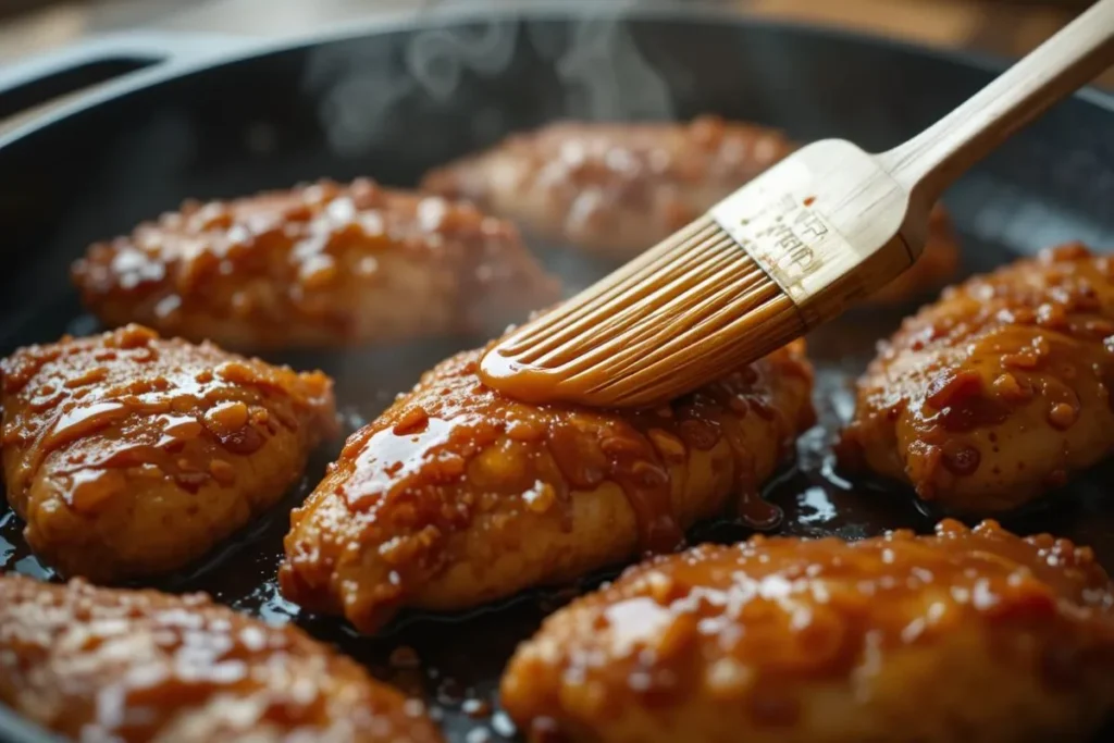 Close-up of sizzling apple and honey-glazed chicken tenders RECIPE using fresh apples in a skillet, with a glossy glaze being applied, showcasing caramelized textures and steam." 