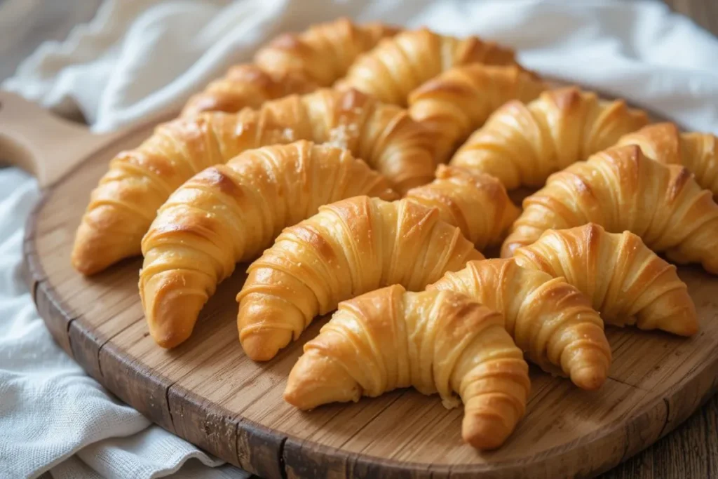 Freshly baked Swiss Gipfeli resting on a wooden board, showcasing their golden layers—perfect results from this authentic Gipfeli recipe