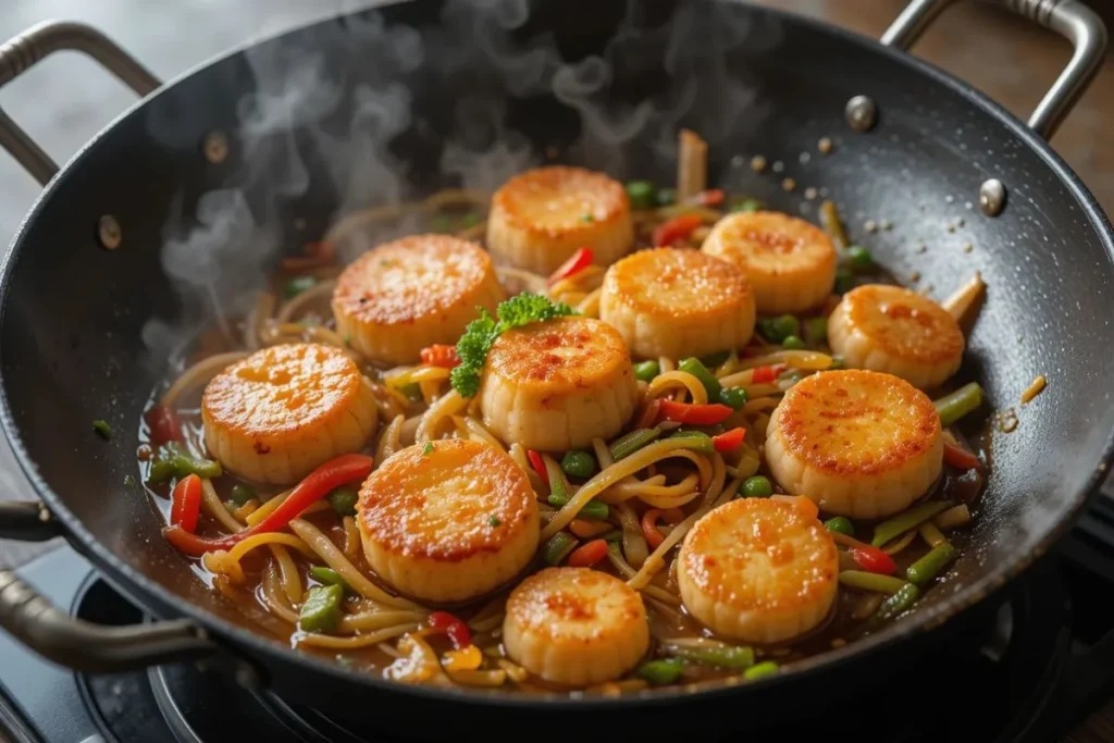  Overhead view of a wok with sizzling fishcakes, plump scallops, and colorful vegetables in a glossy sauce, steam rising dramatically.
