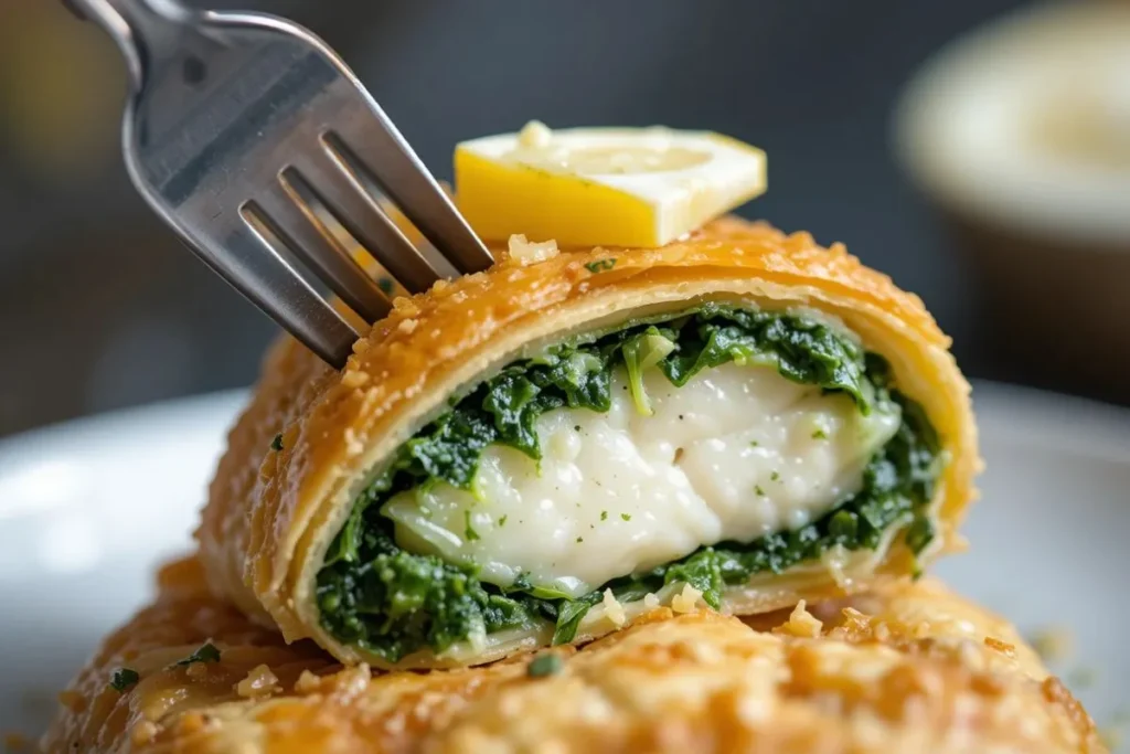 A bite-sized portion of crispy filo-wrapped halibut, revealing a rich spinach filling inside. A perfect snapshot of the Halibut and Spinach Wrapped in Filo Recipe."