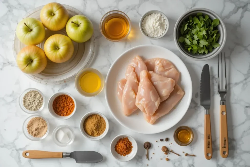 "Overhead view of ingredients for apple and honey-glazed chicken tenders recipe using fresh apples, including crisp apples, golden honey, chicken tenders, and assorted spices arranged neatly on a modern countertop."