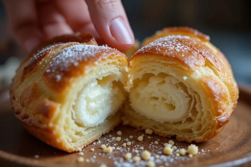 Close-up of a Gipfeli being pulled apart, revealing a soft, airy texture inside—just like a homemade Gipfeli recipe should be.