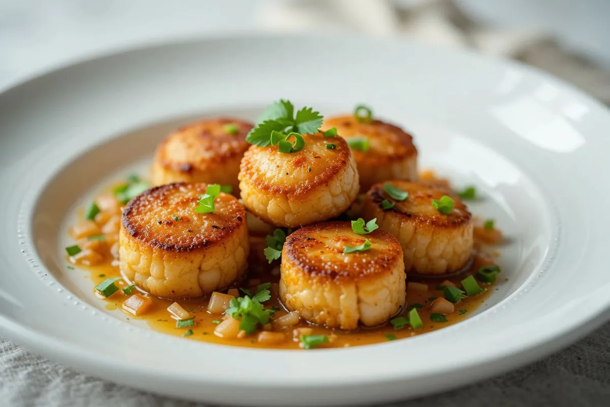 A close-up shot of fishcakes and scallops on a white ceramic plate, garnished with fresh herbs and surrounded by a softly blurreA close-up shot of fishcakes and scallops on a white ceramic plate, garnished with fresh herbs and surrounded by a softly blurred background. d background.