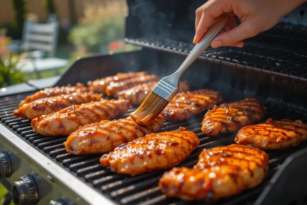 Vibrant outdoor grill scene of apple and honey-glazed chicken tenders using fresh apples, showing clear grill marks and a hand basting the glaze, captured in a sunny backyard setting.