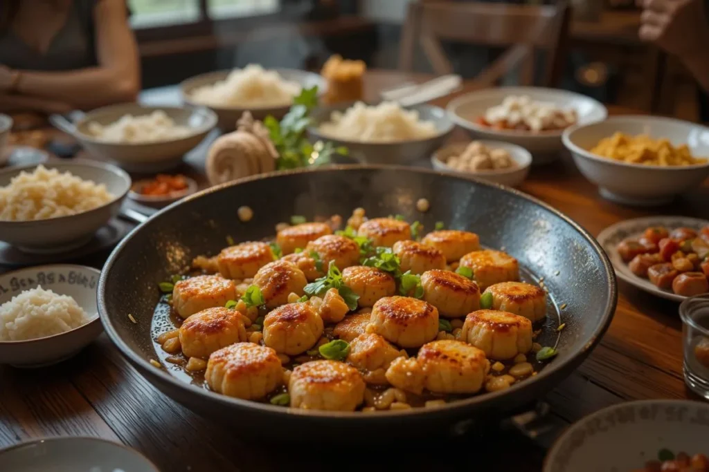 A family-style setup featuring a central dish of fishcakes and scallops, flanked by rice bowls, chopsticks, and side dishes on a welcoming dinner table.