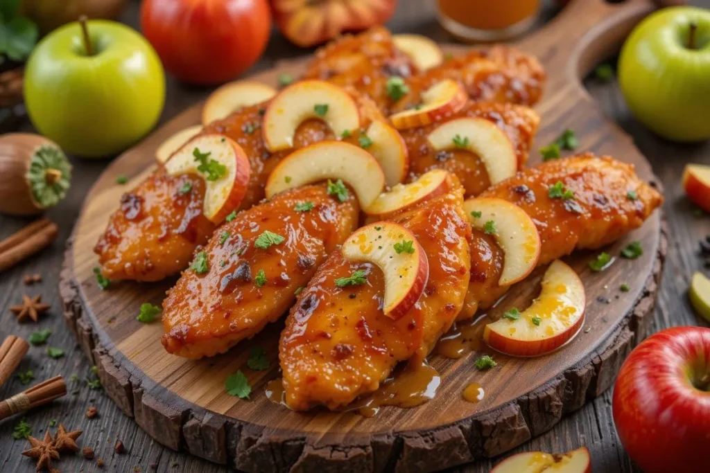 Rustic platter featuring apple and honey-glazed chicken tenders using fresh apples, artfully arranged on a wooden board with thin apple slices, fresh herbs, and seasonal accents."