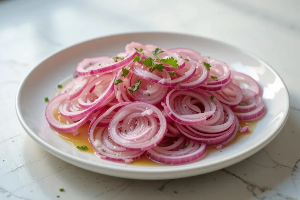 "Side-angle view of a white plate featuring thinly sliced red onions marinated in lime juice and olive oil, garnished with cilantro—an appetizing Cebolla Ensalada Recipe on a clean white table."