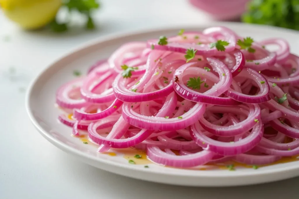 Macro close-up of thinly sliced red onions glistening with lime juice on a white plate, highlighting a Cebolla Ensalada recipe.