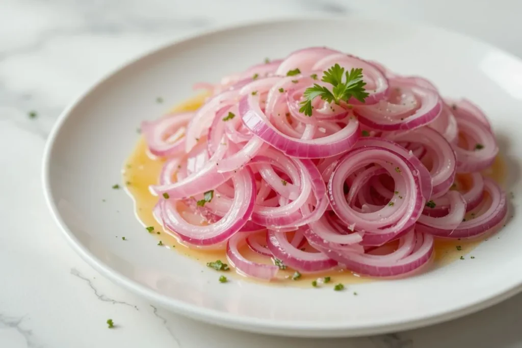 Overhead view of a clean white plate filled with tangy onions and fresh herbs for a vibrant Cebolla Ensalada recipe