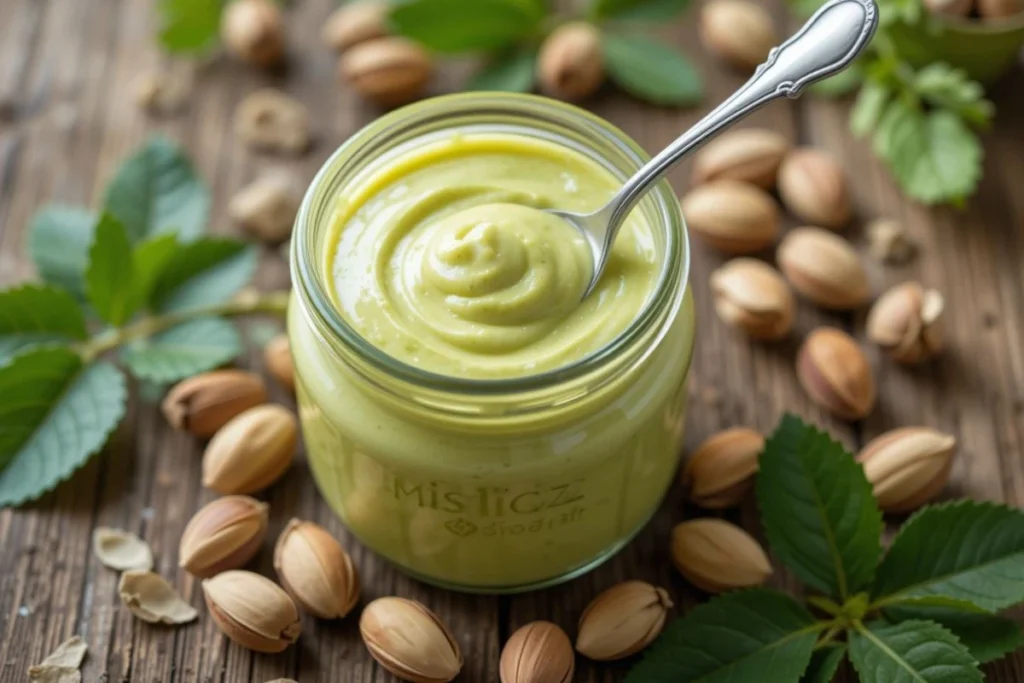 Glass jar of homemade pistachio cream with spoon and crusty toast, surrounded by shelled pistachios on a rustic wooden table