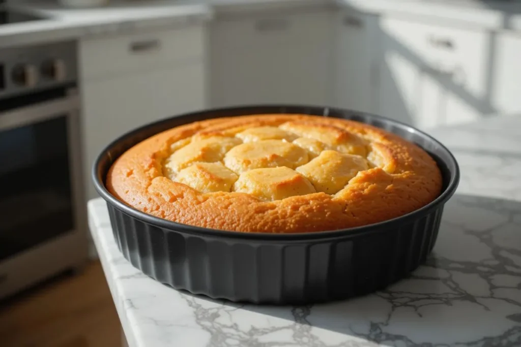 Freshly baked applesauce cake recipe cooling on a rack, golden brown crust with dramatic light and elegant bakery ambiance.