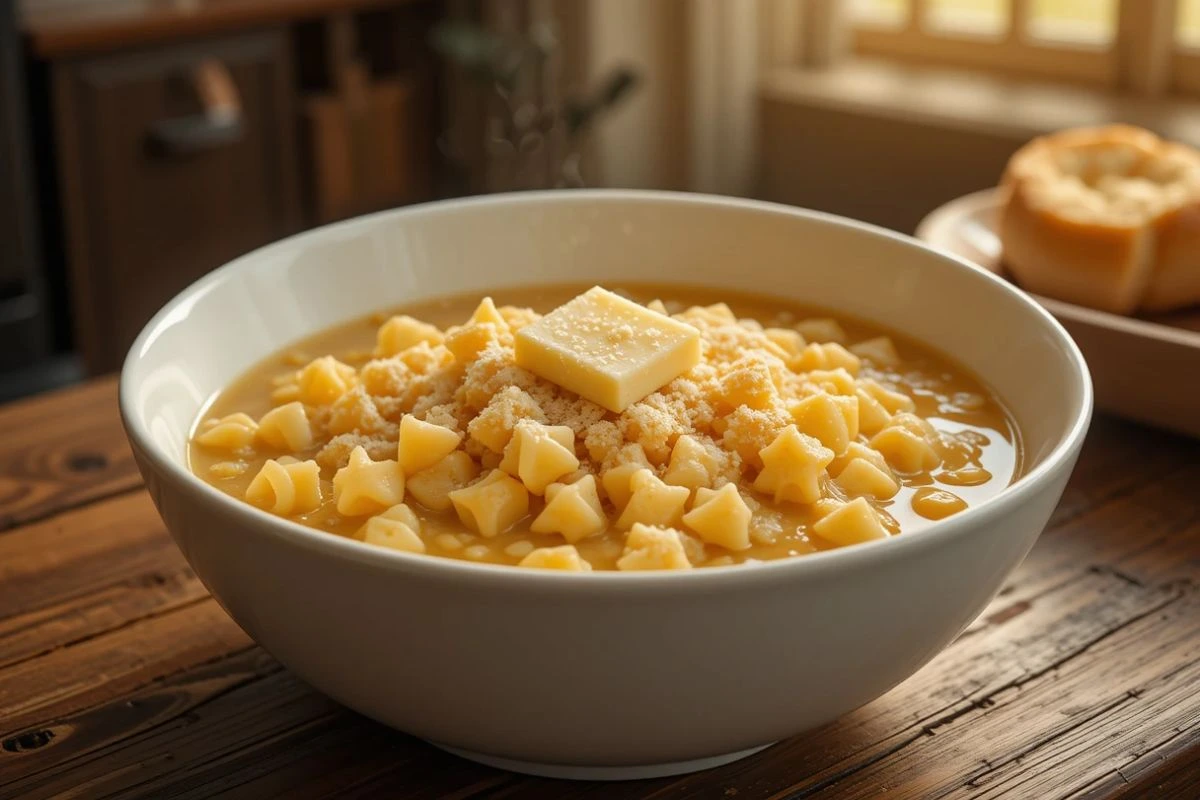 Bowl of traditional creamy pastina recipe with tiny star-shaped pasta, melting butter, and Parmesan cheese on a rustic wooden table.