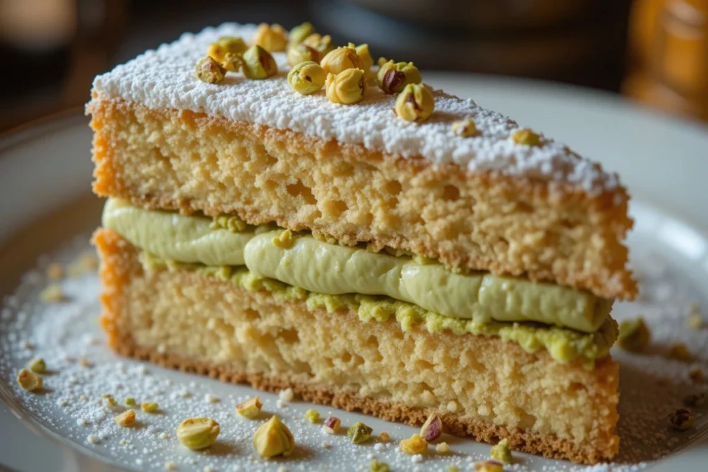 Elegant dessert plate with sponge cake layered with pistachio cream, topped with powdered sugar and crushed pistachios