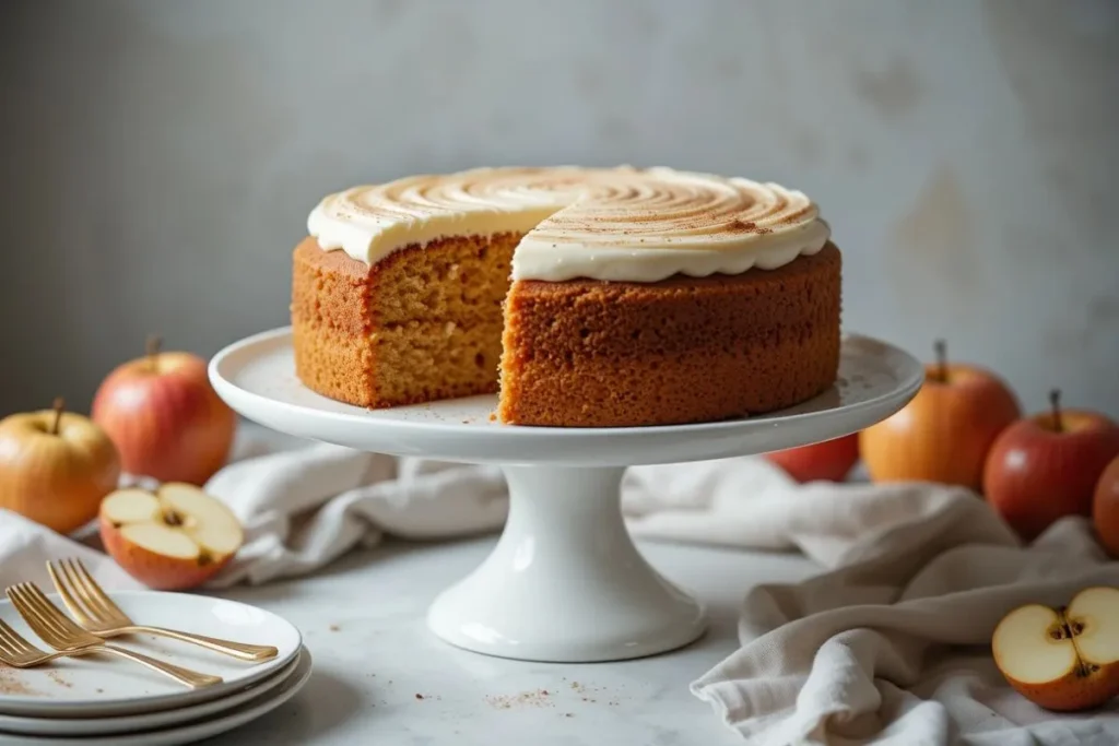 Elegant applesauce cake recipe on a white cake stand with cream cheese frosting, surrounded by apples and gold cutlery in a chic, modern setting.