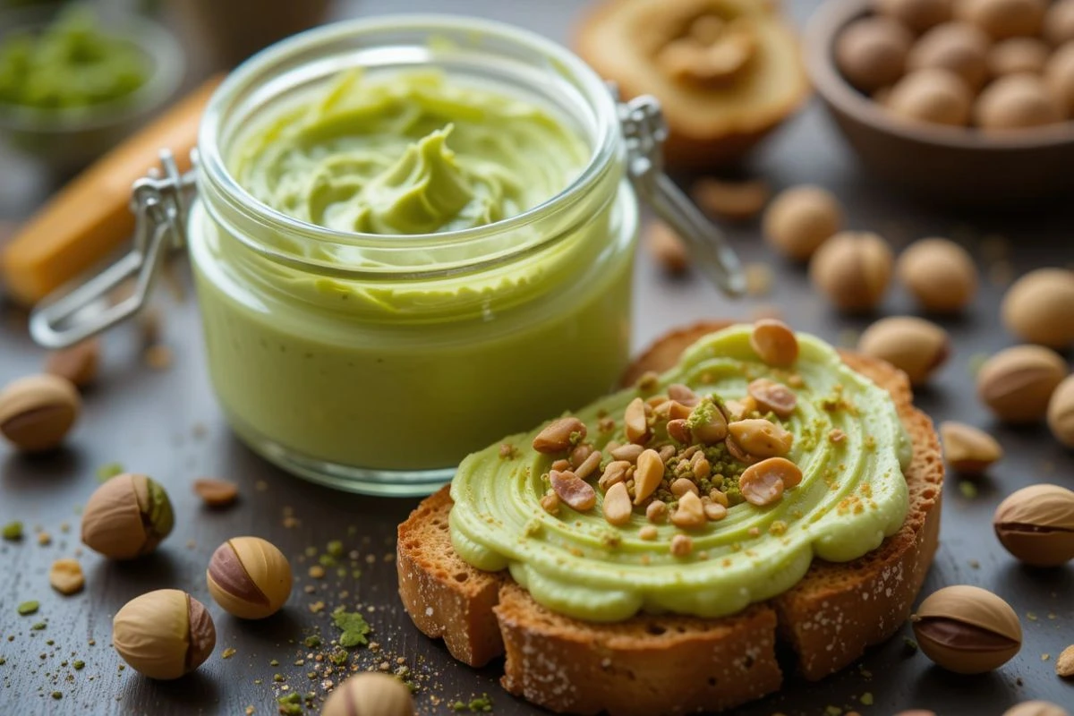 Pistachio cream spread on artisan toast with crushed pistachios, showcasing a homemade pistachio cream recipe in a rustic breakfast setting