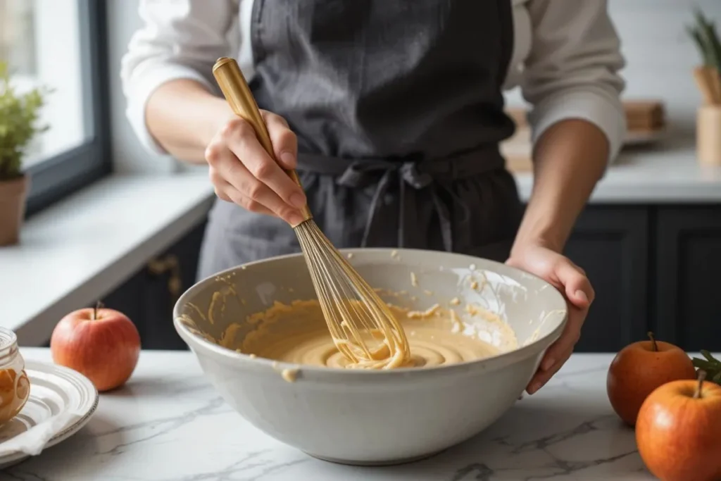 Mixing the batter for an applesauce cake recipe in a modern ceramic bowl with a gold-handled whisk, set against a neutral-toned kitchen background.
