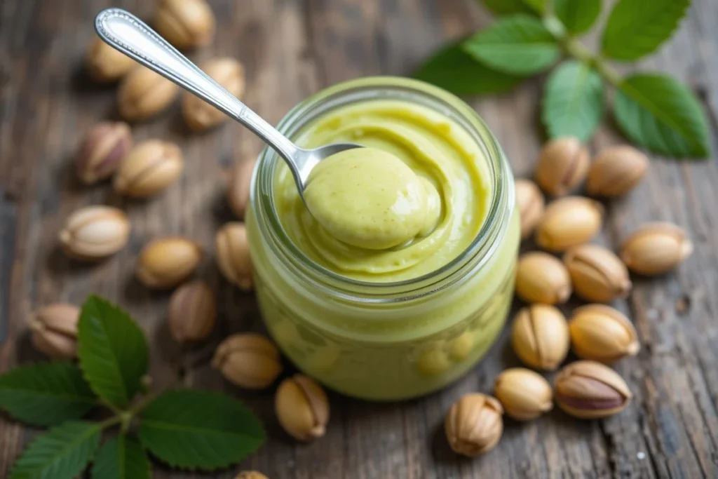 Glass jar of homemade pistachio cream with spoon and crusty toast, surrounded by shelled pistachios on a rustic wooden table, highlighting an authentic pistachio cream recipe