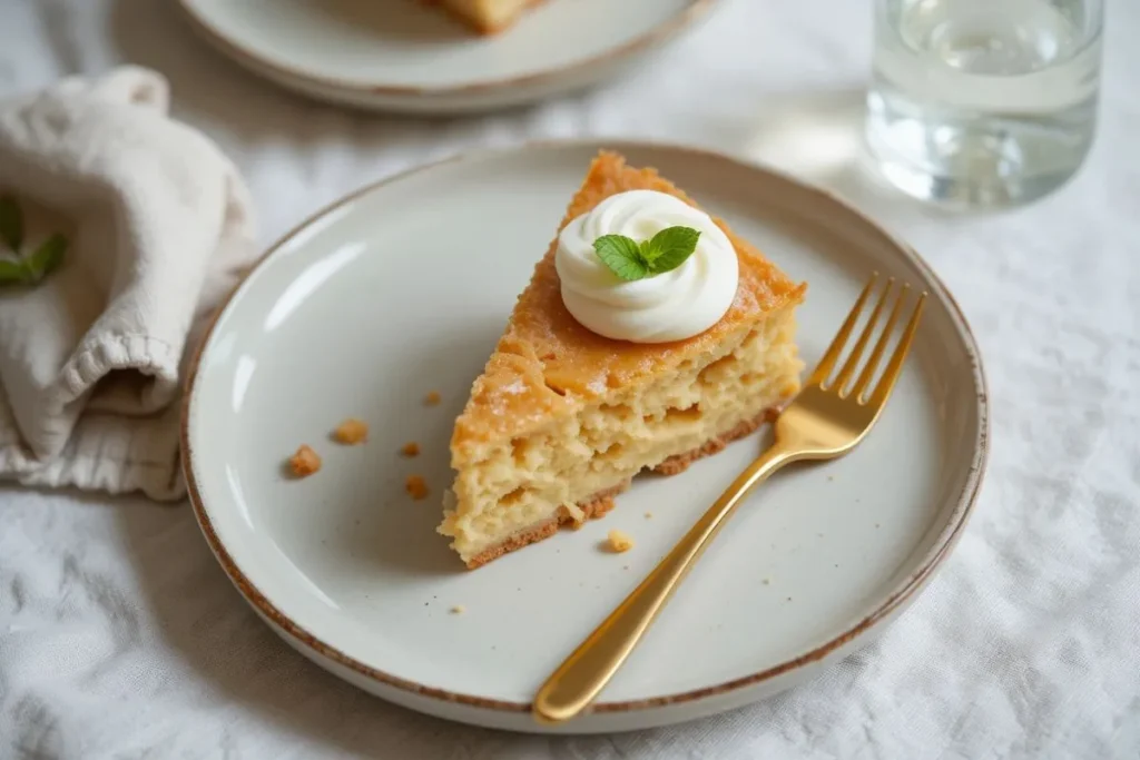 A stylishly plated slice of applesauce cake recipe with whipped cream garnish, on a modern white plate with gold flatware and a marble table backdrop.