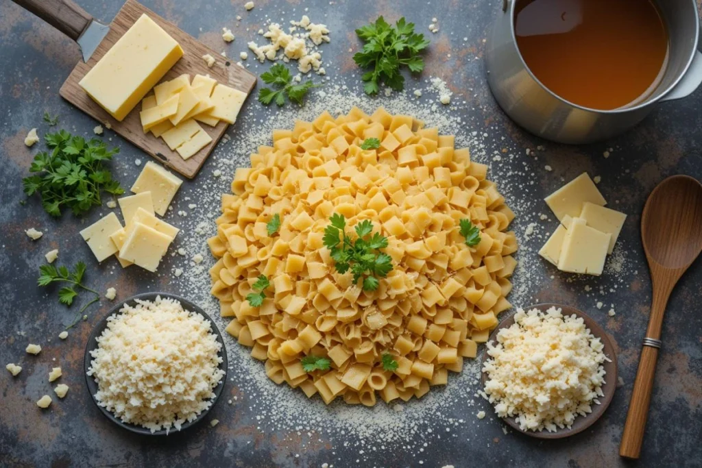 "Flat lay of essential ingredients for a pastina recipe, including dry pastina pasta, butter, Parmesan cheese, and fresh herbs on a rustic kitchen counter.