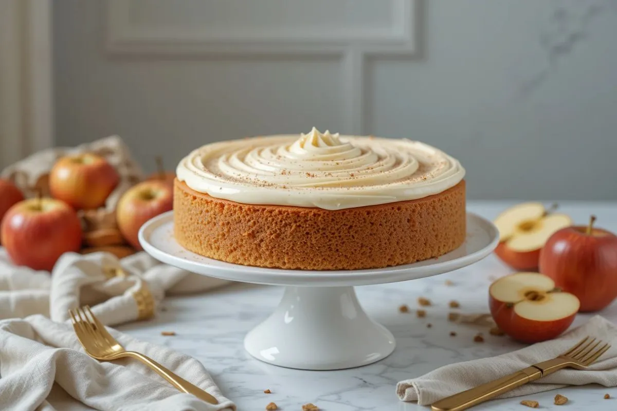 Elegant applesauce cake recipe on a white cake stand with cream cheese frosting, surrounded by apples and gold cutlery in a chic, modern setting.