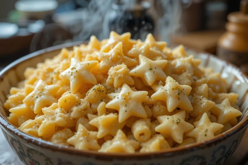 "Close-up of cheesy pastina recipe featuring tender pastina coated in melted mozzarella and Parmesan, served in a cozy white bowl."