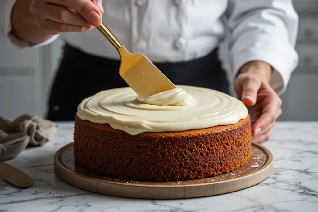 Frosting an applesauce cake recipe with smooth cream cheese icing using a gold spatula, editorial-style food photography with soft background light.