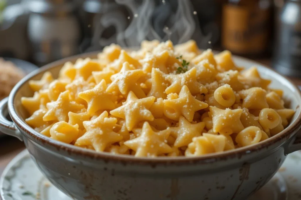 Close-up of cheesy pastina recipe featuring tender pastina coated in melted mozzarella and Parmesan, served in a cozy white bowl."