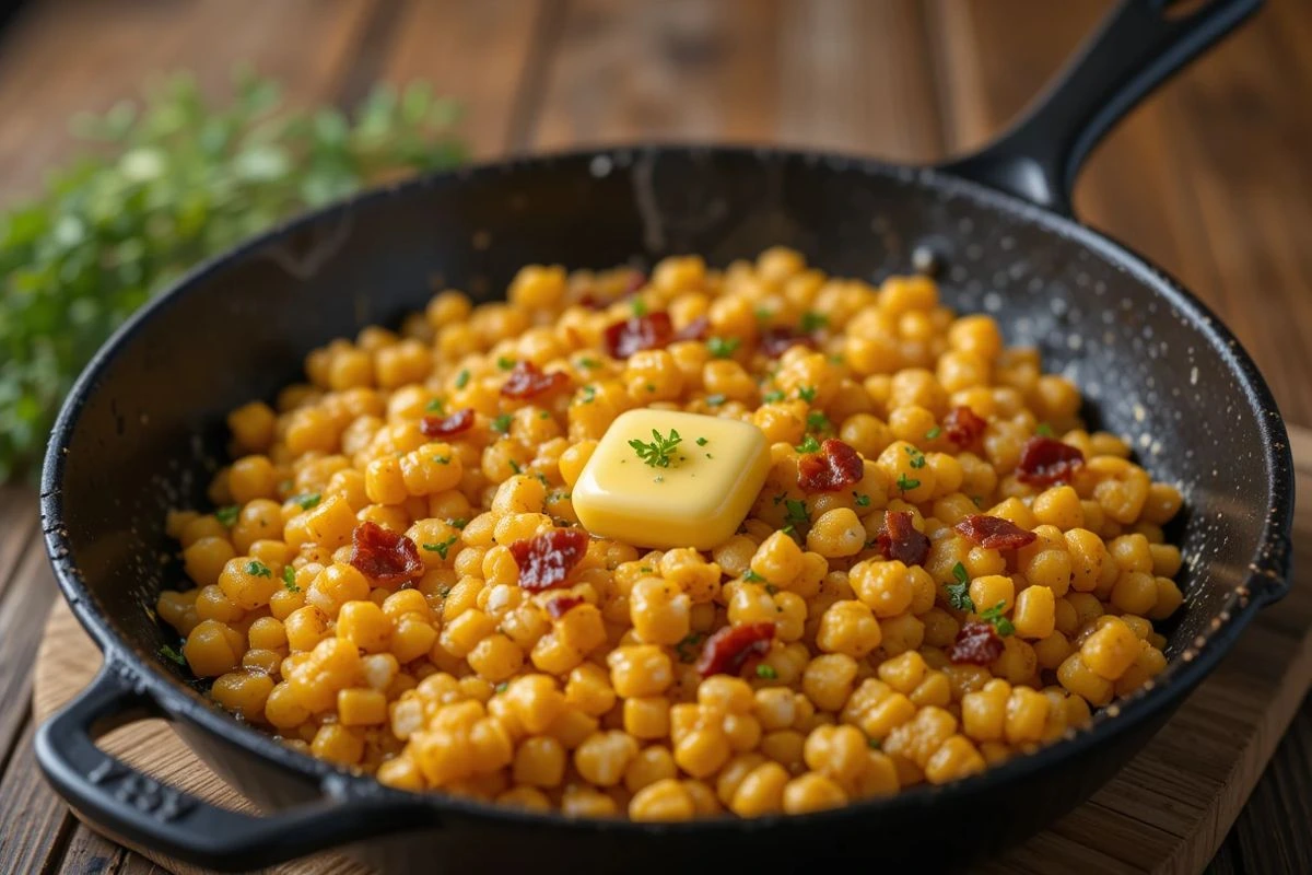 Delicious fried corn recipe featuring golden, buttery kernels in a cast iron skillet, topped with crispy bacon and herbs, perfect for a Southern-style comfort dish.