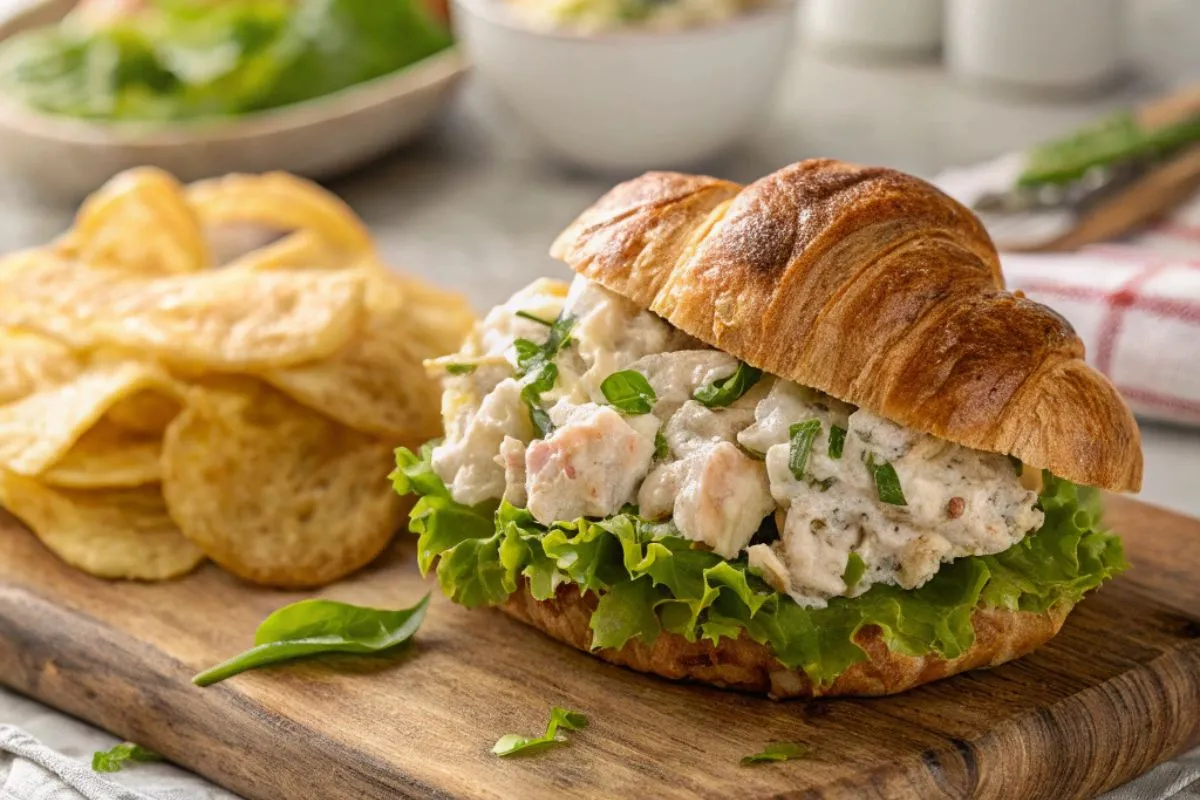 A mouthwatering Chicken Salad Sandwich with a creamy chicken salad filling, fresh lettuce, and a golden croissant, served with crispy potato chips on a rustic wooden board.