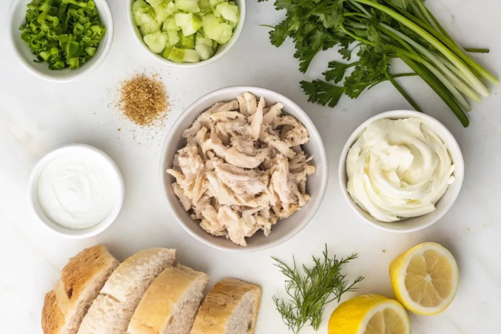 A clean top-down view of fresh ingredients for Chicken Salad Sandwich, including shredded chicken, mayonnaise, chopped celery, diced onion, lemon slices, salt, pepper, and fresh herbs, neatly arranged on a white marble surface.