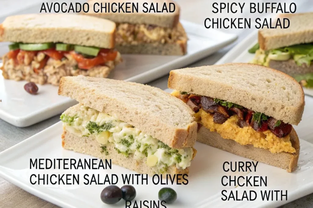 : A vibrant display of four Chicken Salad Sandwich variations: Avocado Chicken Salad, Spicy Buffalo Chicken Salad, Mediterranean Chicken Salad with olives, and Curry Chicken Salad with raisins.