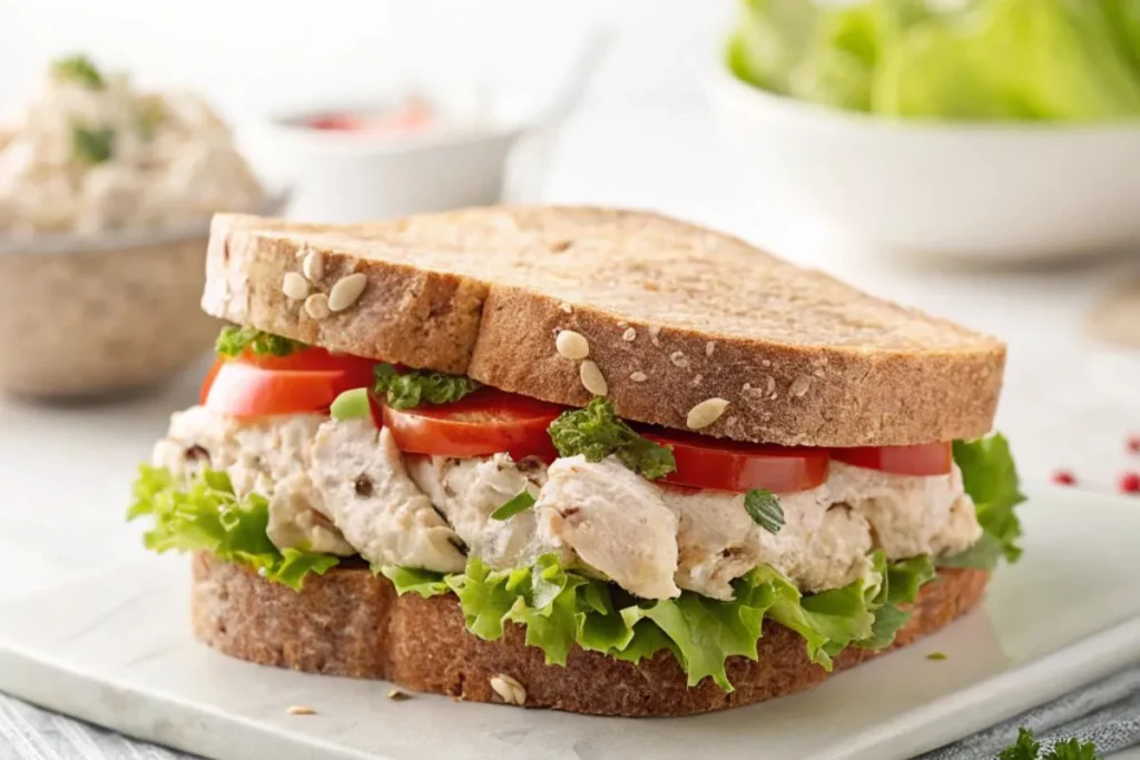 A clean, minimalist close-up of a Chicken Salad Sandwich made with soft whole-grain bread, filled with creamy chicken salad, fresh lettuce, and fresh tomato slices, against a plain white background with soft natural light.