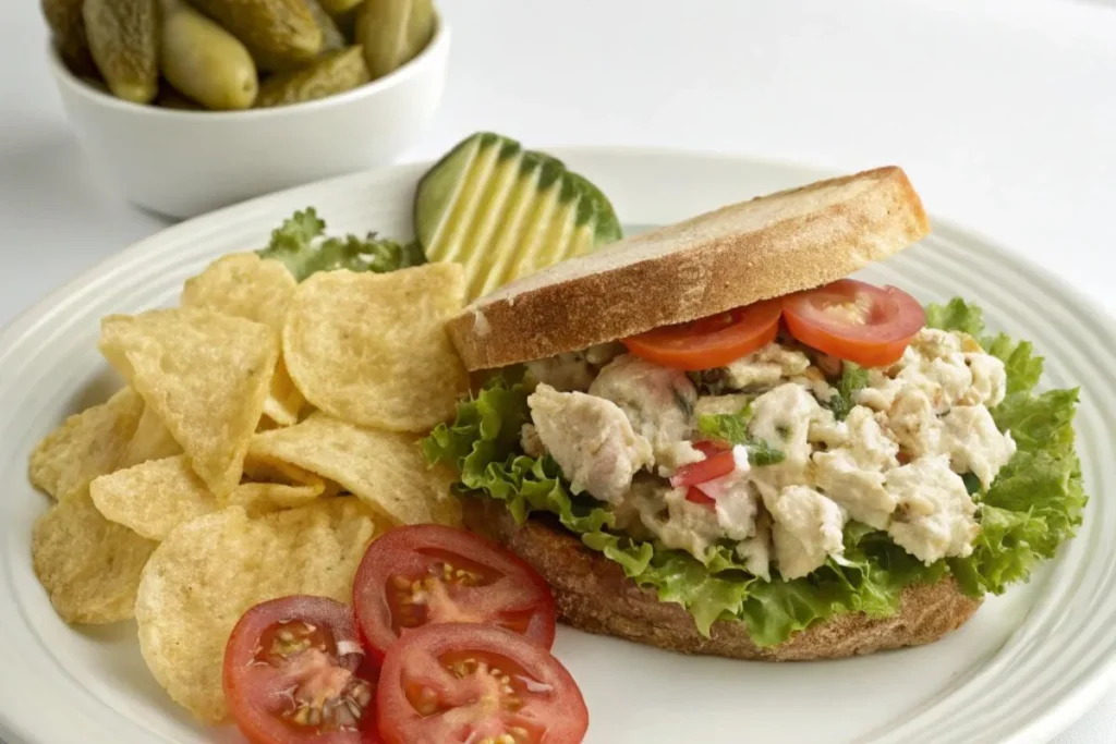 A balanced plate featuring a Chicken Salad Sandwich with a side of golden potato chips, fresh fruit salad, and a few crunchy pickles.