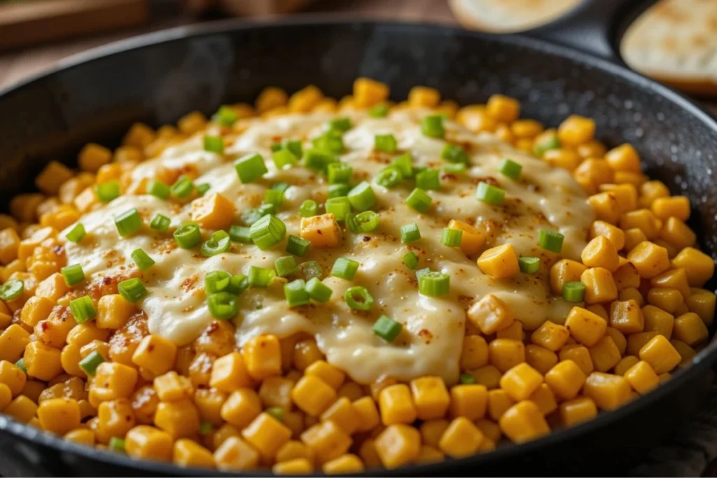 Golden fried corn served on a rustic ceramic plate, garnished with melted cheese and fresh herbs, placed on a wooden table.